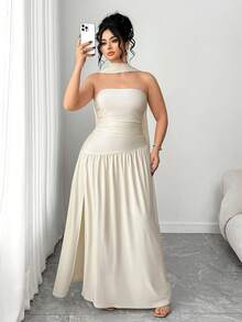 Váy dài Elenzga thanh lịch, vải bóng mới, dáng rộng, không dây, xếp ly eo, xẻ tà, thích hợp cho đám cưới, tiệc tốt nghiệp, hẹn hò và kỳ nghỉ - Màu be - Xem 6