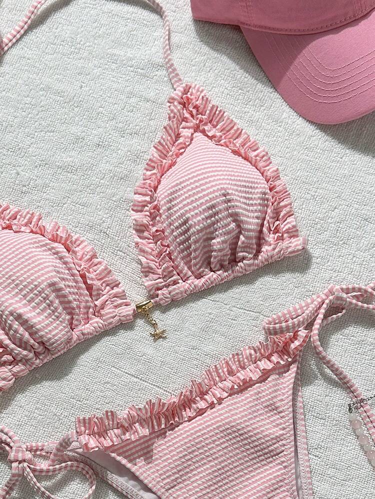 Swim Mod 女式提花面料吊带花卉蕾丝金属装饰比基尼套装，春夏 - 粉色 - 查看 4