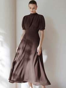 Aveloria Modichic 优雅女士雪纺连衣裙，褶皱胸部设计，公主袖，收腰喇叭裙，简约风格，通勤百搭，及膝长度 - 咖啡 - 查看 2