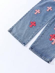 SHEIN Explorewe 少女Y2K高腰浅色水洗休闲街头风十字绣阔腿牛仔裤，秋季喇叭裤波西米亚海滩音乐节、毕业典礼、圣诞节、情人节Y2K 90年代牛仔裤，粉色十字绣牛仔刺绣 - 藍色 - 查看 5