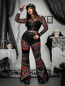 Flirla Plus Size Punk Digital Print Fashion Pants - Coffee Brown - View 5