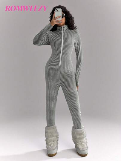 Herbst/Winter Langarm Jumpsuit mit Kragen, entworfen für junge Frauen, aus hochwertigem weichem Stoff gefertigt. Kragen-Ausschnitt & figurbetonter Taillenschnitt schmeichelt der Silhouette, geeignet für den Alltag oder Anlässe