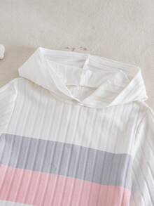 SHEIN Explorewe 青少年女孩撞色长袖连帽休闲条纹宽松罗纹两件套 - 粉色 - 查看 8