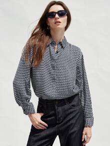 Aveloria Modichic 隐形纽扣全印花长款衬衫，女士休闲纽扣长袖领超大长款多色主教袖衬衫女式衬衫，春秋季，休闲日常穿着纽扣衬衫女式 - 藍色 - 查看 4