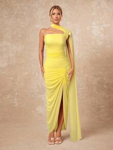 Lumalex Vestido extra largo para mujer con cuello de bufanda, busto fruncido y abertura lateral - Amarillo - Ver 2