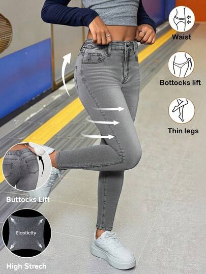 SHEIN Tween Girl Y2k Fashion Comfortable Basic Pocketed Casual Grey Denim Jeans, Fall Winter,For Fall/Winter Streetwear,Girls Dailywear,Halloween,Christmas,Warm Jean,New Year,Thanksgiving,Party