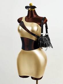 BamGleam 时尚性感撞色网眼拼布紧身迷你连衣裙 - 金色 - 查看 3