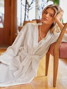 SHEIN 舒适双层棉质网眼女士浴袍、家居服 - 白色 - 查看 3