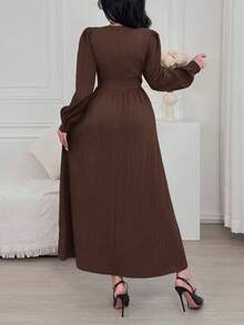 Feyla Women's Solid Color V-Neck Button Design Puff Sleeve Elegant Dress - Coffee Brown - View 6