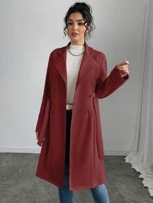 Rafferiza Women's Solid Color Faux Suede Double-Breasted Side Pocket Regular Jacket - Red - View 5