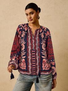 Travachic 大码女式黑色热带植物印花长袖衬衫，V 领流苏抽绳图案衬衫 - 彩色 - 查看 3