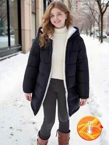 女童冬季中长款黑色拉链连帽羽绒服，经典时尚 - 黑色 - 查看 1