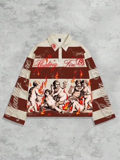 Street Life Men's Street Religious Graphic Print Striped Polo Collar Long Sleeve T-Shirt, Autumn/Winter