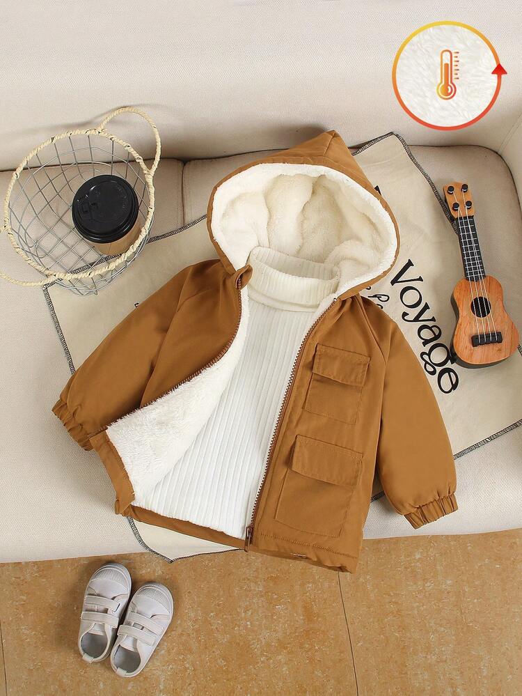 1 件男婴/女婴/中性婴儿/幼儿秋冬休闲卡其色加厚连帽长袖连体衣，带白色羊毛前袋装饰，简约时尚百搭设计，适合日常休闲穿着 - 棕色 - 查看 3