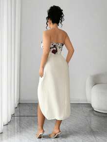 Elenzga Plus Size Beige Elegant Floral Print Strapless Dress, Summer Slim Fit Slit Waist Mesh Ruffle Hem Gown For Parties, Weddings & Galas - Apricot - View 2