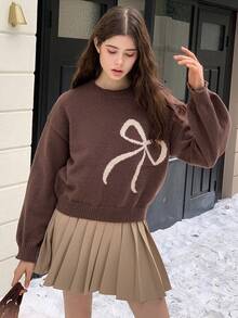 Dazy Kids 少女圆领落肩长袖休闲蝴蝶结提花宽松套头毛衣 - 棕色 - 查看 3