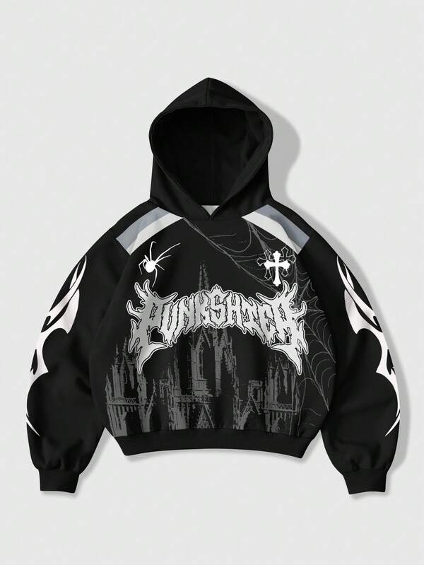 ROMWE MEN Street Life Sudadera con capucha de manga larga con estampado de moda para hombre