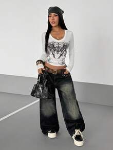 StreetHx Women's Gothic Style Wing Print Punk Y2K Casual Crop Top, Spring/Summer