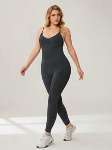 Auralis 运动休闲连体裤，加大码女式水洗做旧扭结露背无袖连体裤，适合瑜伽、舞蹈、体操、健身等运动，黑色运动连体裤，一体式运动连体裤，无缝运动连体裤，四季皆宜的黑色运动连体裤