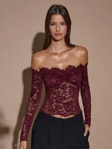 SHEIN BAE Women's Lace Sexy Sheer Hollow Out Off-Shoulder Long Sleeve Top, Wine Red, Day Of The Dead, Autumn/Winter Layering,Red Top,Christmas,Red Tops For Women,Valentine's Day,Valentine Outfits For Women - Burgundy - View 4