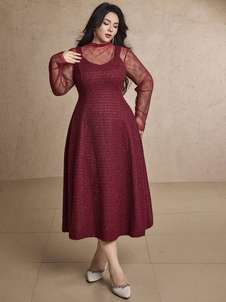 Dazy Plus 2pcs/Set Elegant Party Lace Bodycon Dress, Sexy Fitted Long Dress For Plus Size Women, Formal Occasion