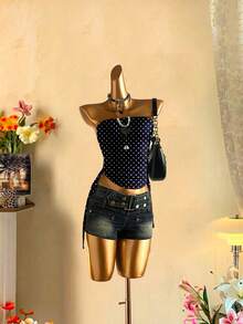 SHEIN EZwear Women's Casual Drawstring Tie-Front Cropped Tube Top - Blue and White - View 6