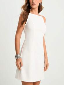 CAJUNI 女士白色夏季梭织面料修身无袖高领包臀迷你连衣裙 | 现代优雅派对花园假日婚礼风格，女士白色连衣裙，白色鸡尾酒裙，白色曲线连衣裙，白色绷带裙，优雅白色连衣裙 - 白色 - 查看 1
