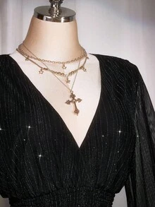 SHEIN ICON 大码亮片 V 领褶饰 A 字裙，波西米亚风、嬉皮风、Y2K 风、派对裙，适合秋季、暑假、音乐节、毕业典礼和返校季 - 黑色 - 查看 7