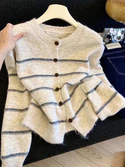 Resyla 大码女式条纹长袖休闲针织开衫，秋冬