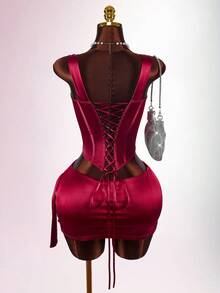 Amplova 女士鱼骨文胸上衣两件套，性感前卫，适合秋冬派对装搭配裹身性感迷你裙 - 紅色 - 查看 3