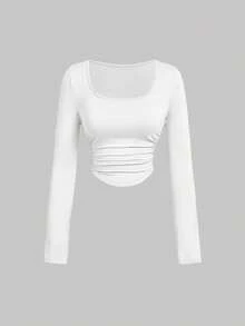 Tseoso 3 件套女士休闲方领褶皱腰不对称下摆长袖 T 恤套装，内置衬垫，蝴蝶结，百搭百搭，秋冬，优雅，复古，可爱，复古，休闲修身 W - 彩色 - 查看 4