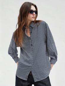 Aveloria Modichic 隐形纽扣全印花长款衬衫，女士休闲纽扣长袖领超大长款多色主教袖衬衫女式衬衫，春秋季，休闲日常穿着纽扣衬衫女式 - 藍色 - 查看 3