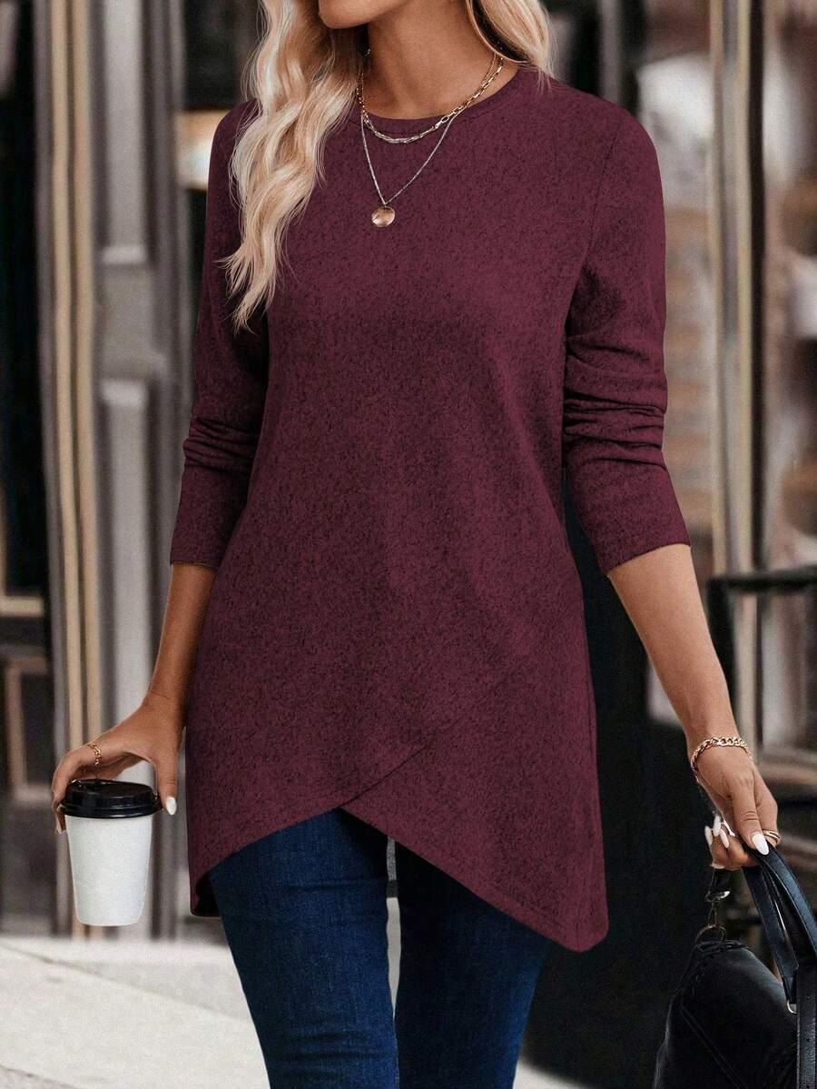 SHEIN LUNE 女式纯色圆领长袖休闲不对称下摆T恤 - 中紫紅色 - 查看 1