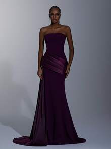 Elitara Elegant, Romantic, Fashionable, Minimalist, Deep Purple, Stretchy Fabric, Satin Patchwork, Stylish, Holiday, Vacation, Birthday Party, Wedding Event, Formal Dinner Dress - Dark Purple - View 2