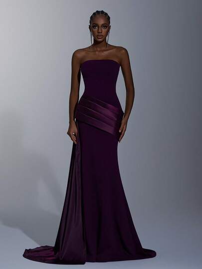 Elitara Elegant, Romantic, Fashionable, Minimalist, Deep Purple, Stretchy Fabric, Satin Patchwork, Stylish, Holiday, Vacation, Birthday Party, Wedding Event, Formal Dinner Dress