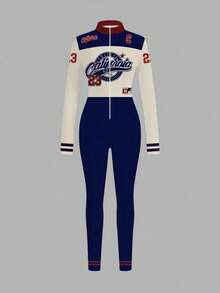 Slaydiva Casual Retro Style Sports Contrast Color 23 Vintage Letter Print Long Sleeve Zip-Up Jumpsuit, Suitable For Autumn/Winter - Multicolor - View 2