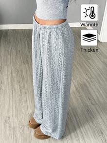 SHEIN LUNE 女式宽松灰色针织棉混纺纹理裤，秋冬 - 灰色 - 查看 2