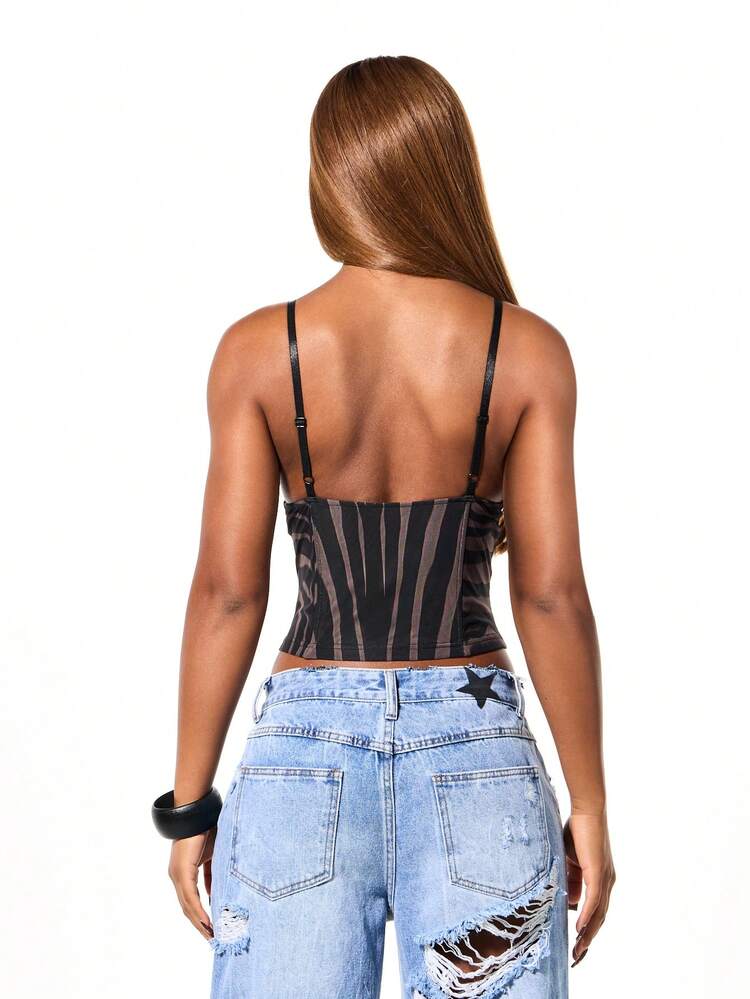 SUMWON WOMEN Zebra Print Mesh Corset Top