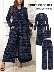 SHEIN Clasi Bộ đồ liền thân ống rộng không tay họa tiết kẻ caro cỡ lớn dành cho nữ, mùa thu, áo khoác kim loại một hàng khuy dài - Màu xanh hải quân - Xem 13