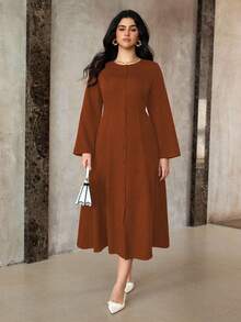 Roveilla Plus Size Women Vintage Elegant Autumn Brown Long Sleeve Dress,Minimalist Conservative Casual Solid Rust Brown Tea Party Elegant Dress For Women - Orange - View 5