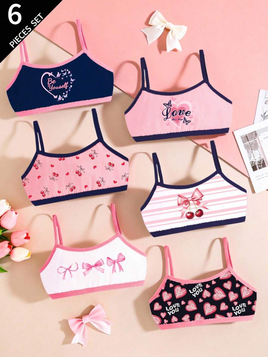 6件套情人节女孩简约时尚心形蝴蝶结印花棉质吊带背心内衣套装 - 彩色 - 查看 1