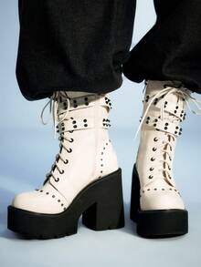 Sugerpunk Giày bốt cao đến bắp chân đế dày, đế thô, màu trắng, trang trí đinh tán cổ điển tối màu theo phong cách Gothic, quai đôi, giày bốt đi xe đạp phong cách Punk Rock thường ngày - Màu be - Xem 3