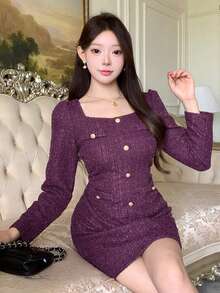 DAZY 女式优雅方领纹理纽扣装饰迷你连衣裙，秋季 - 紫色 - 查看 6