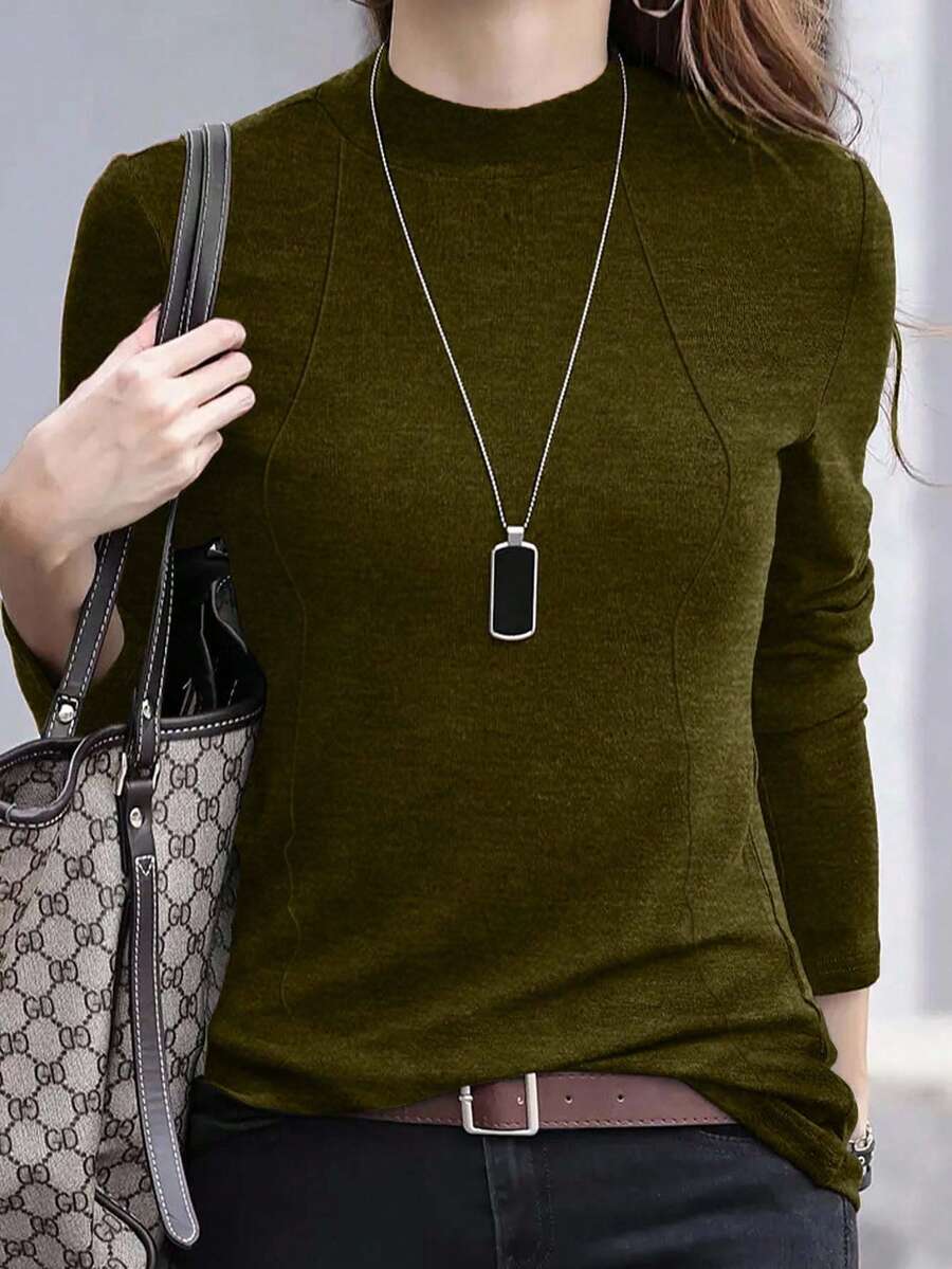 EMERY ROSE 女式休闲纯色简约圆领长袖T恤,秋季 - 綠色 - 查看 1