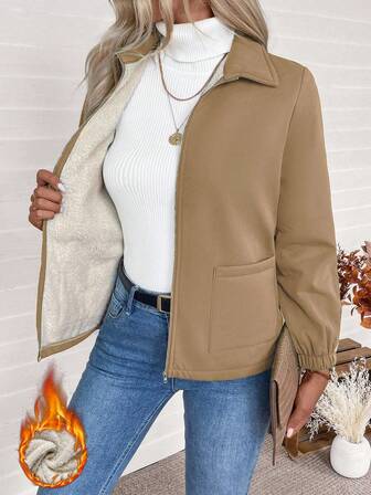 EMERY ROSE 圣诞节休闲百搭拉链保暖长袖外套，秋冬女式休闲外套，女士外套，秋季女装，宽松外套，女士衬衫式外套