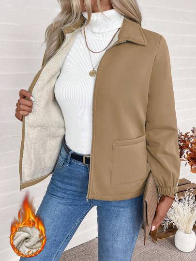 EMERY ROSE Chaqueta larga con cremallera y forro térmico, estilo casual y versátil, chaquetas de otoño/invierno para mujer, chaquetas casuales, ropa de otoño para mujer, chaqueta oversize, chaquetas tipo camisa para mujer