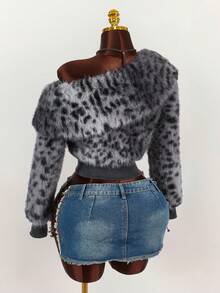 Amplova 秋冬女士时尚不对称领仿皮草豹纹夹克 - 灰色 - 查看 2