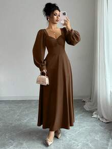 Elenzga Robe longue élégante pour femmes avec encolure carrée, manches bouffantes et taille cintrée. Convient pour les déplacements quotidiens - Marron fonçé - Voir 5
