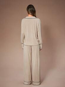 Lazeform Women's Autumn/Winter Turndown Collar Long Sleeve Contrast Trim Wide Leg Pants Pajama Set V Neck Lounge Wear Cozy Sets Women Knit Pajama Set Long Sleeve Lounge Set Lounge Wear Set - Khaki - View 2