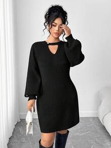 Elenzga Plus Size Casual Pearl Button Sweater Dress - Black - View 5